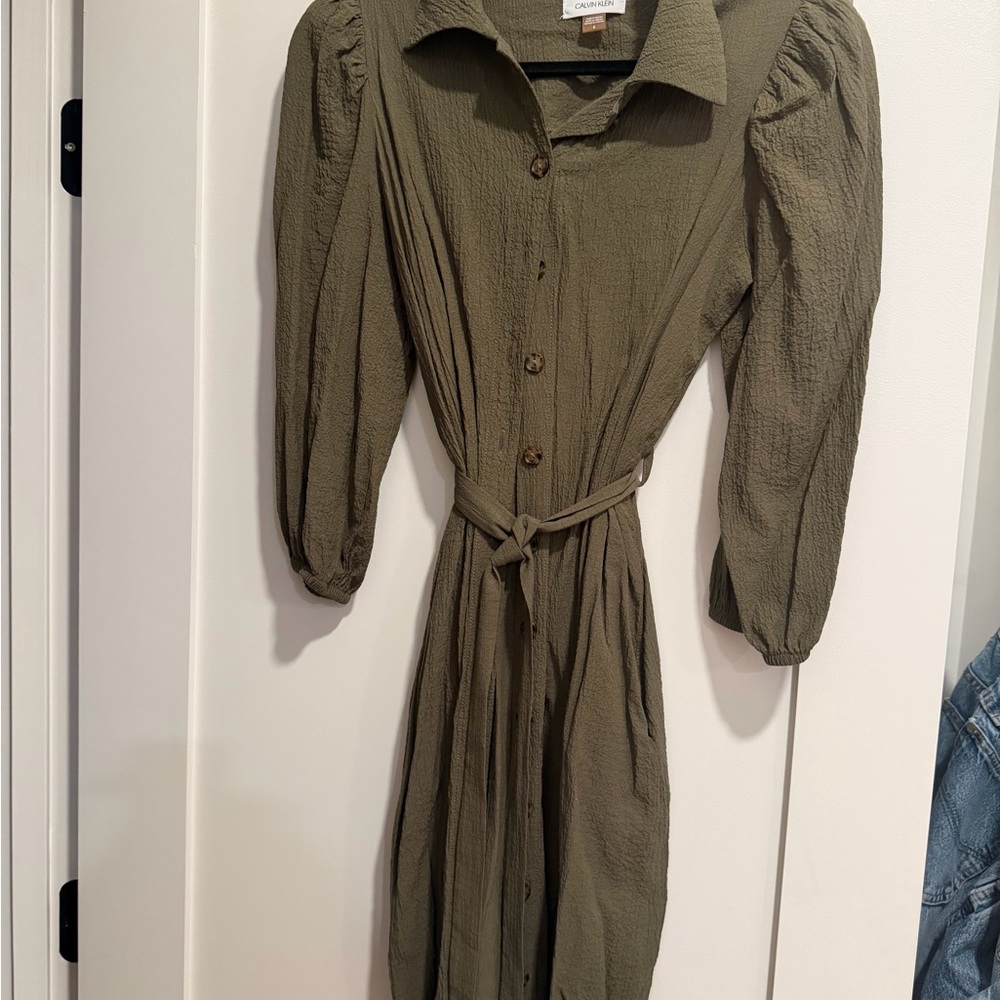 Calvin Klein Olive Green Button-Front Shirt Dress with Tie Belt